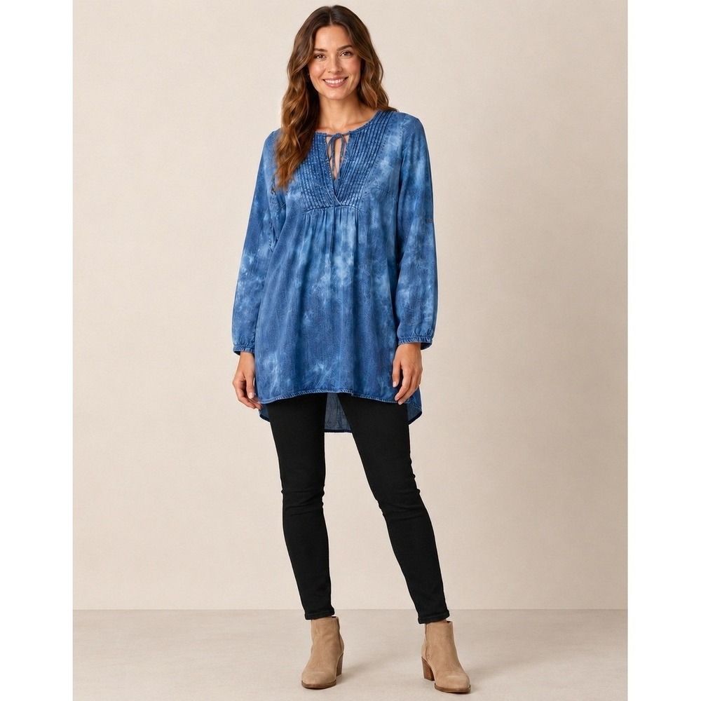 Lovestitch Tunic Dress Top Womens Small Blue‎ Chambray Tie Dye Tencel Tie Front